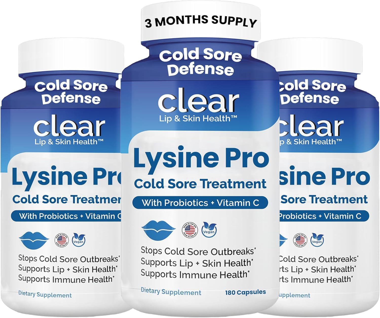 Clear Probiotics Lysine Cold Sore Treatment for Lips with Pre-Probiotics & Vitamin C Capsules 180