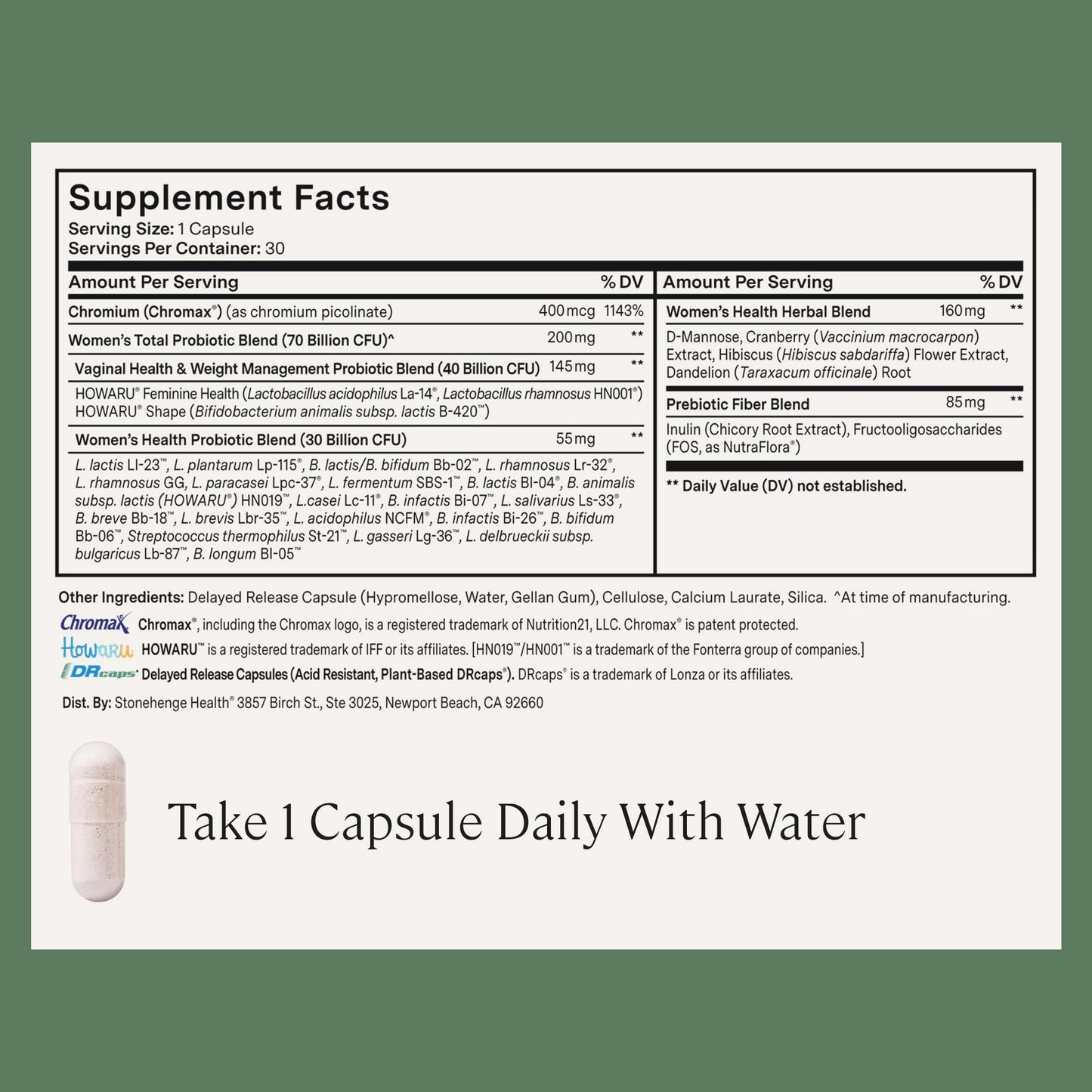 Stonehenge Health Biotics for Women Probiotic 70 Billion CFU, 24 Strains + Prebiotic Fiber Capsules, 90 Capsules