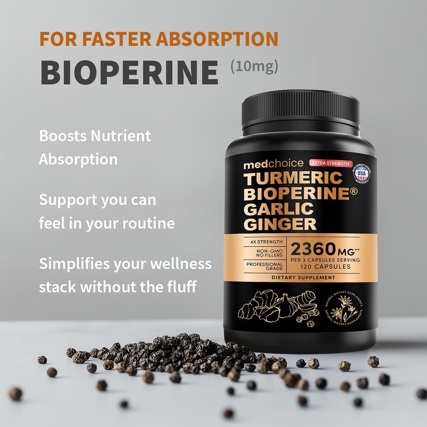 MEDCHOICE Extra Strength Turmeric Capsules, High-Absorption 2360 mg Curcumin, Non-GMO with Black Pepper, Organic, 120 Capsules