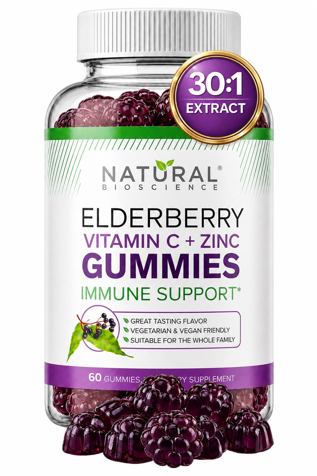 Natural BioScience Sambucus Elderberry Gummies with Zinc and Vitamin C, 60 Gummies