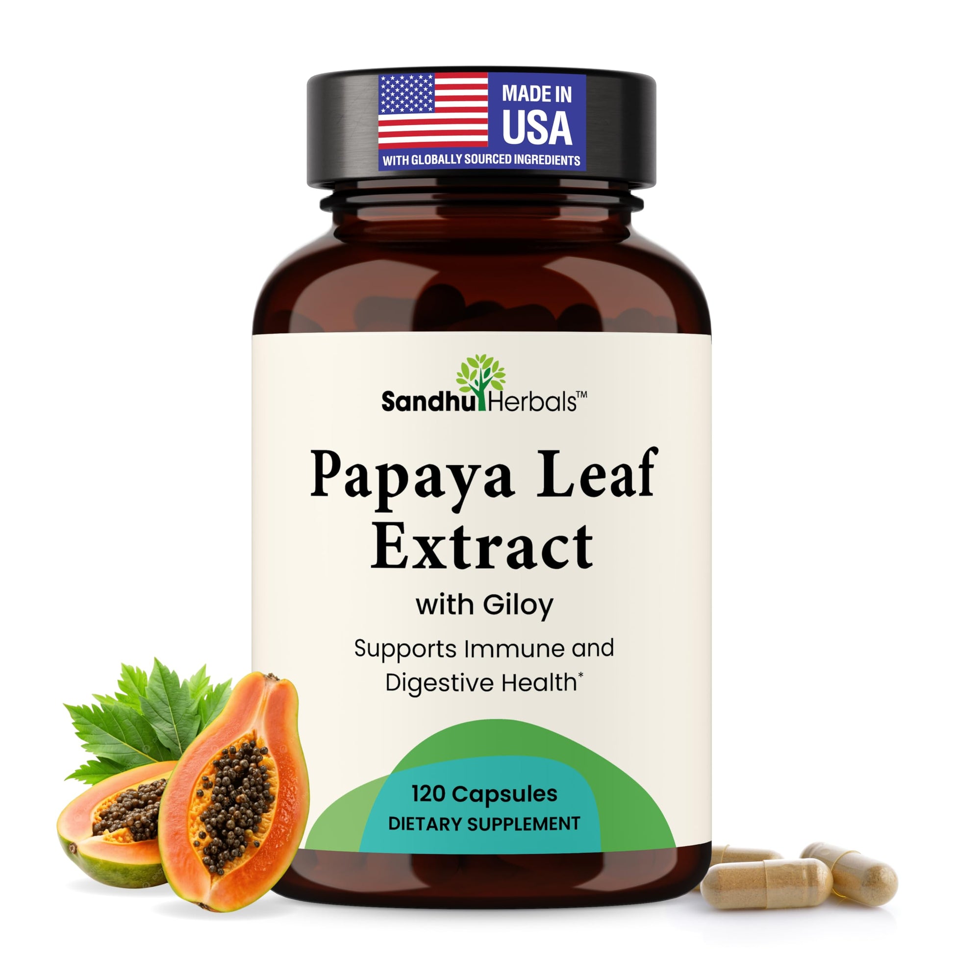 SANDHUHERBALS Papaya Leaf Extract Capsule 120 Count