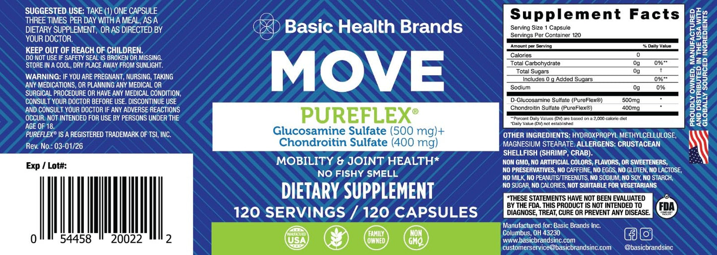 Basic Brands Move Pureflex Glucosamine Chondroitin Joint Support Supplement for Flexibility & Mobility 240 Capsules