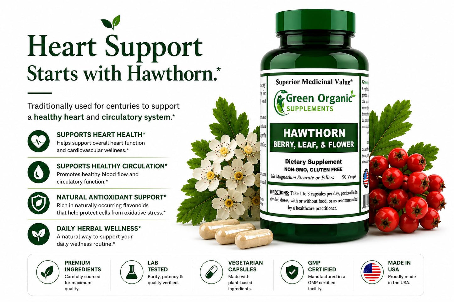 Green Organic Supplements Hawthorn Berry 180 Tablets