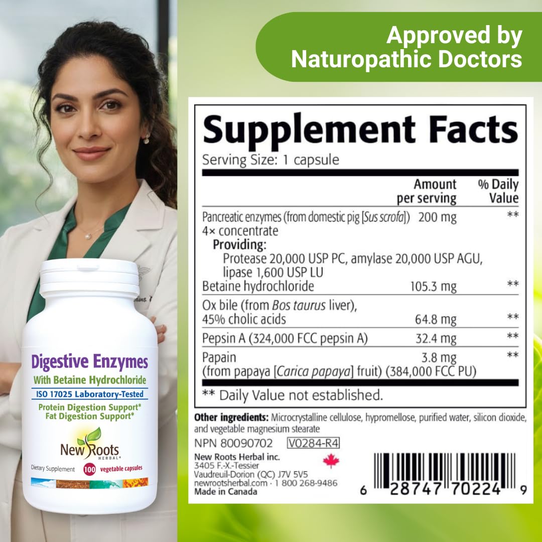 NEW ROOTS HERBAL Digestive Enzymes with Ox Bile and Betaine HCl Capsule, 100 Count