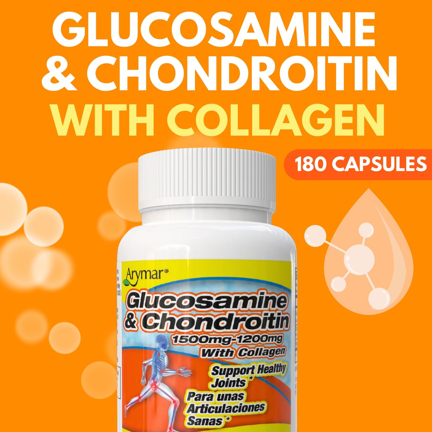 Arymar Glucosamine 1500 mg and Chondroitin 1200 mg with Collagen Joint Health Supplement Capsules, 90 Count