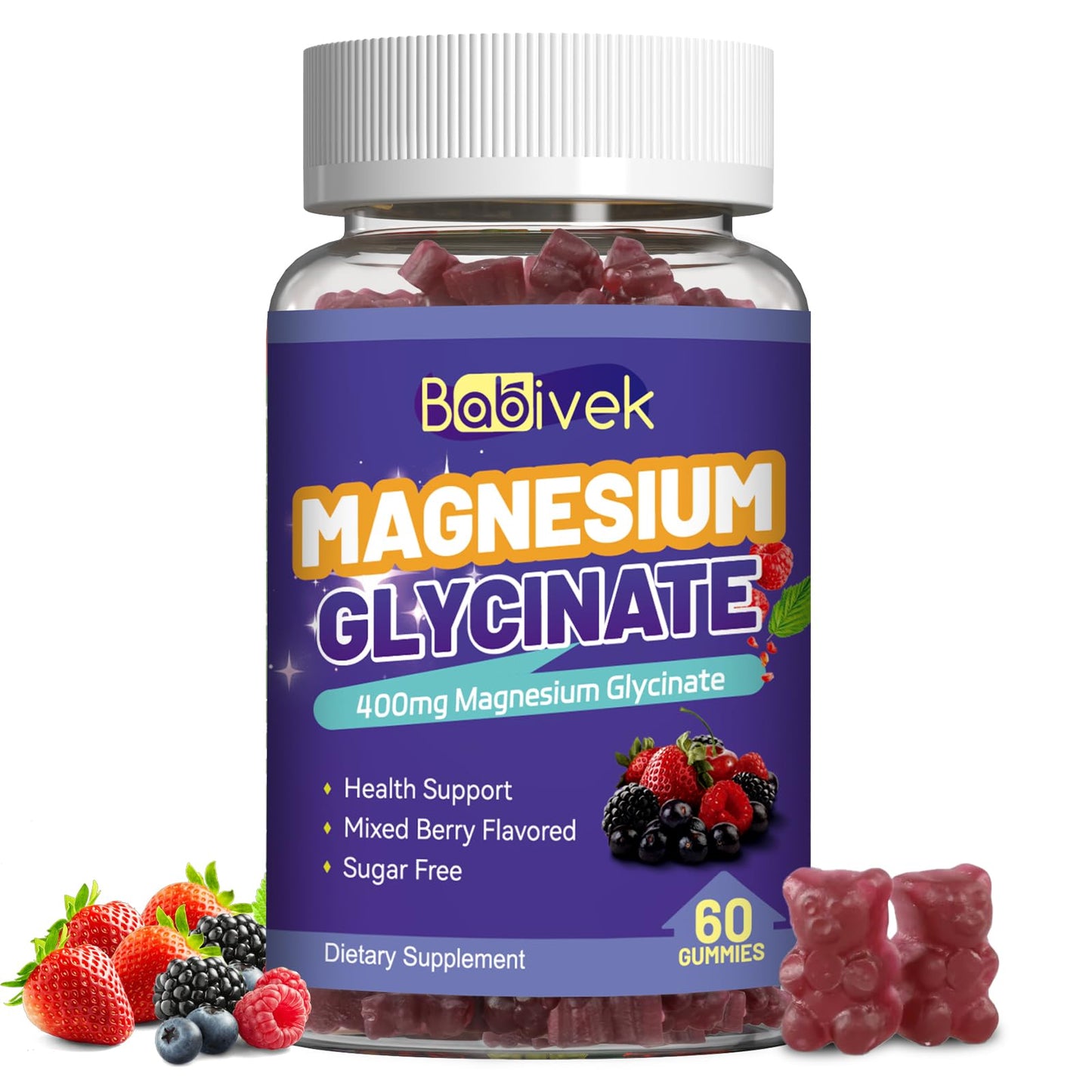 Babivek Magnesium Glycinate Gummies 400mg with L-Threonine 300mg, Sugar Free Magnesium Gummies with Vitamin D & B6, Mixed Berry Flavor, 60 Gummies