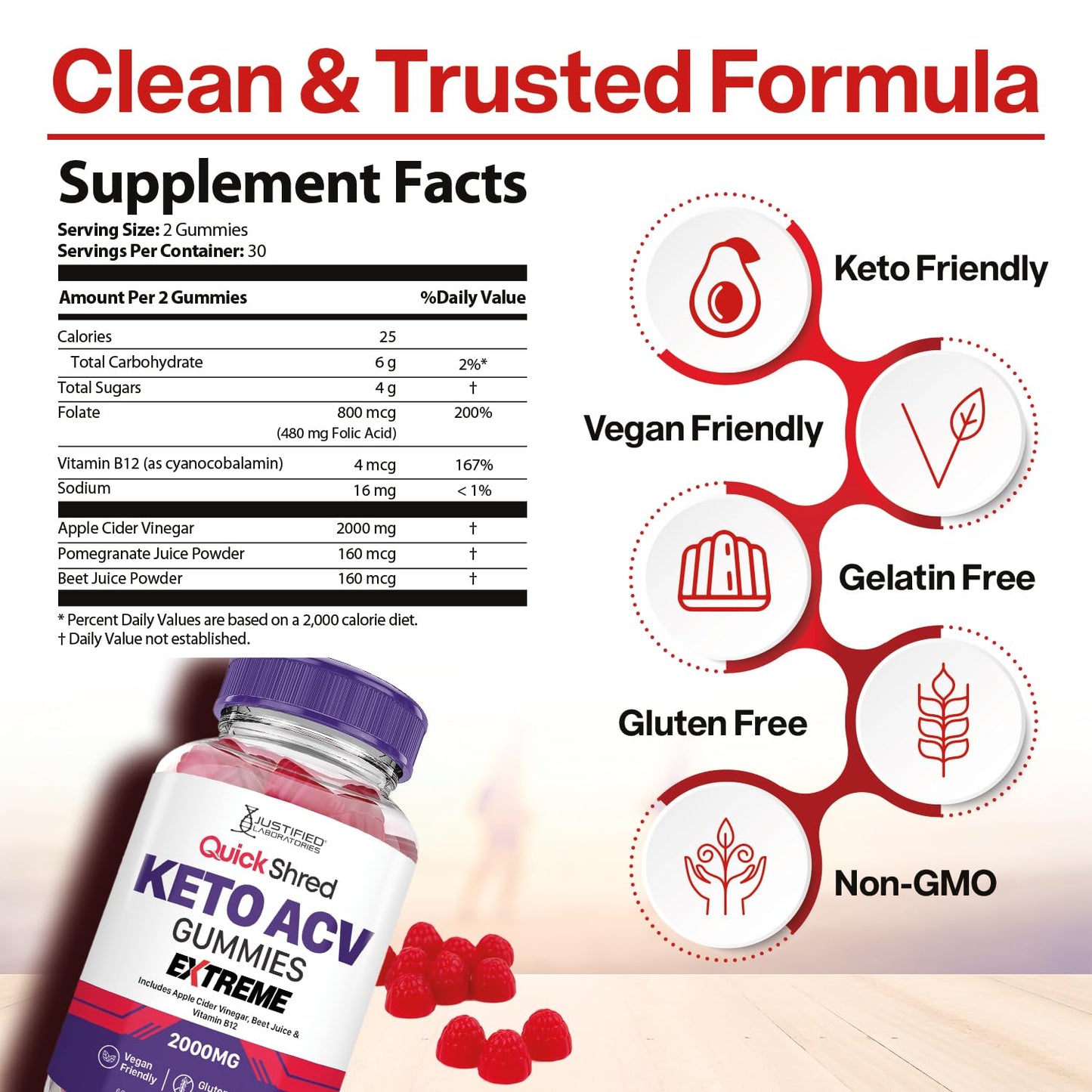 Justified Laboratories Quick Shred Keto ACV Gummies Extreme Advanced Formula 2000mg Apple Cider Vinegar Gummies with Pomegranate Beet Juice Powder & B12, Vegan, Non-GMO, 60 Gummies