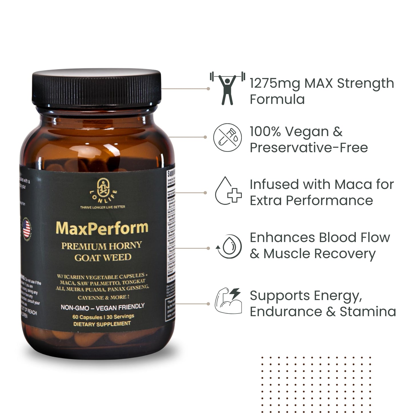 LONLIFE MaxPerform Herbal Supplement with Horny Goat Weed, Maca Root, Tongkat Ali, Tribulus Terrestris & Saw Palmetto - Daily Wellness Support for Men - 1275mg, 60 Capsules