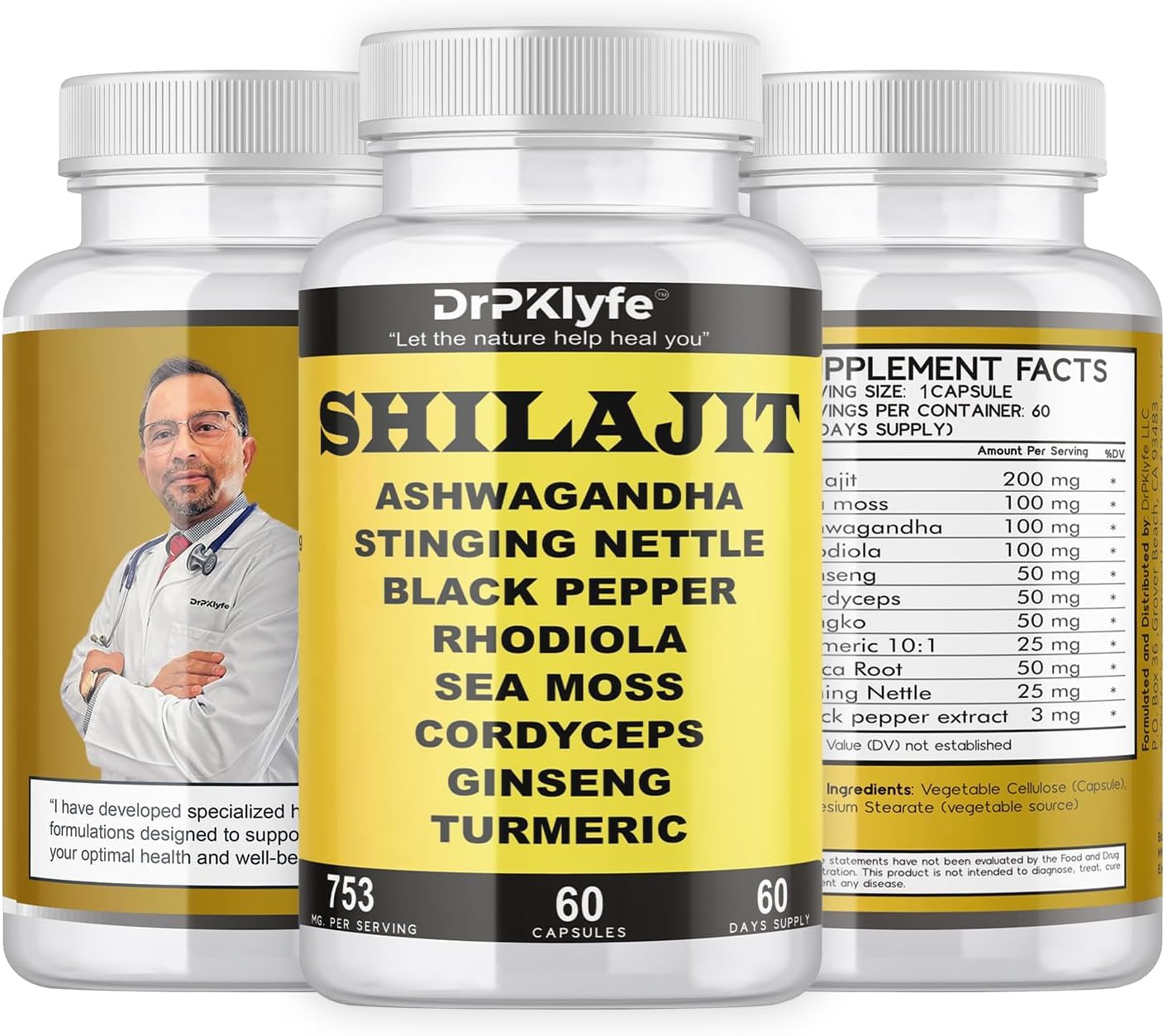 DrPKLyfe Shilajit Capsules with Ashwagandha, Rhodiola, Sea Moss, and Turmeric - 753mg, 60 Capsules