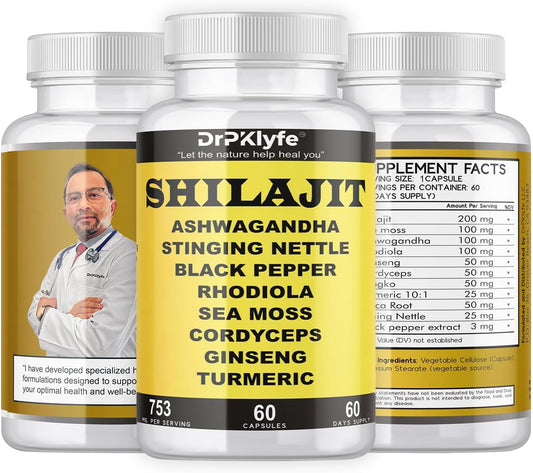 DrPKLyfe Shilajit Capsules with Ashwagandha, Rhodiola, Sea Moss, and Turmeric - 753mg, 60 Capsules