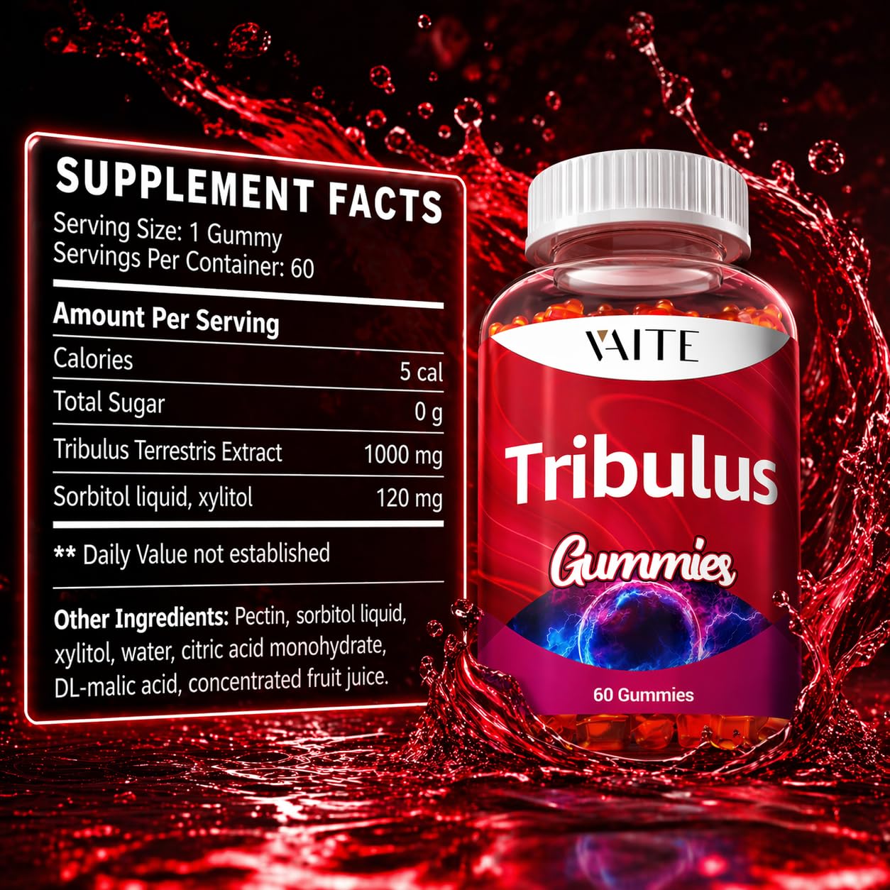 VAITE Tribulus Terrestris Gummies 1000 mg, 60 Count