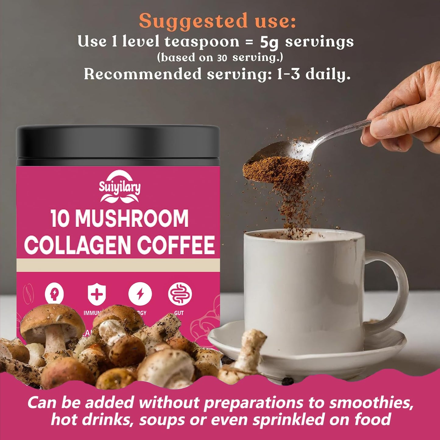 Suiyilary Mushroom Coffee with Collagen Powder, 5.3 Ounce, 30 Servings