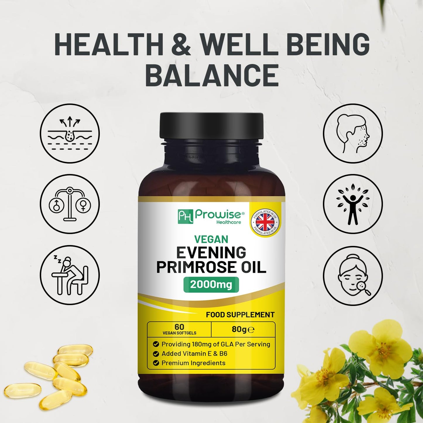 PH PROWISE Healthcare Vegan Evening Primrose Oil 2000mg with Vitamin E & B6 Softgels, 60 Count
