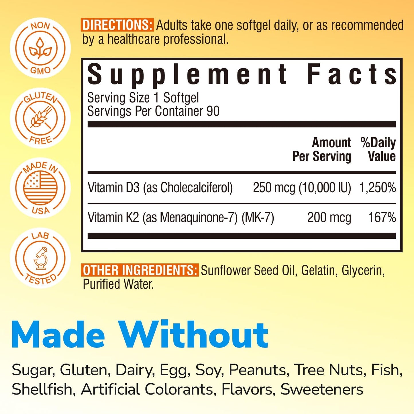 Vitalibre Vitamin D3 K2 10000 IU / 200 mcg K2 MK7 K2 Softgels, 90 Softgels & Vitamin B12 Sublingual 5000 mcg Methylcobalamin Fast Dissolve Mini Tablets, 90 Tablets, 180 Units