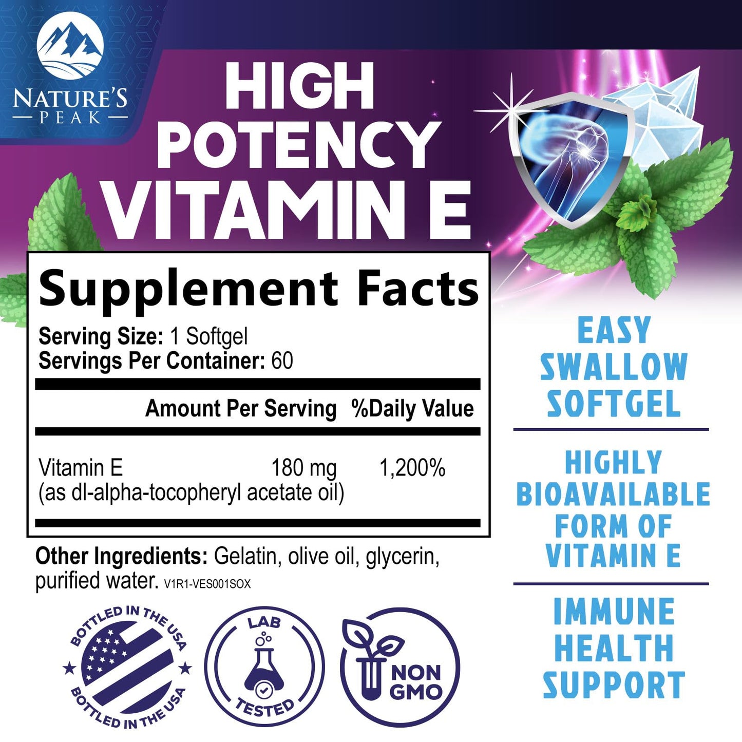 Nature's Peak Vitamin E 180 mg DL-Alpha Softgels, 60 Count