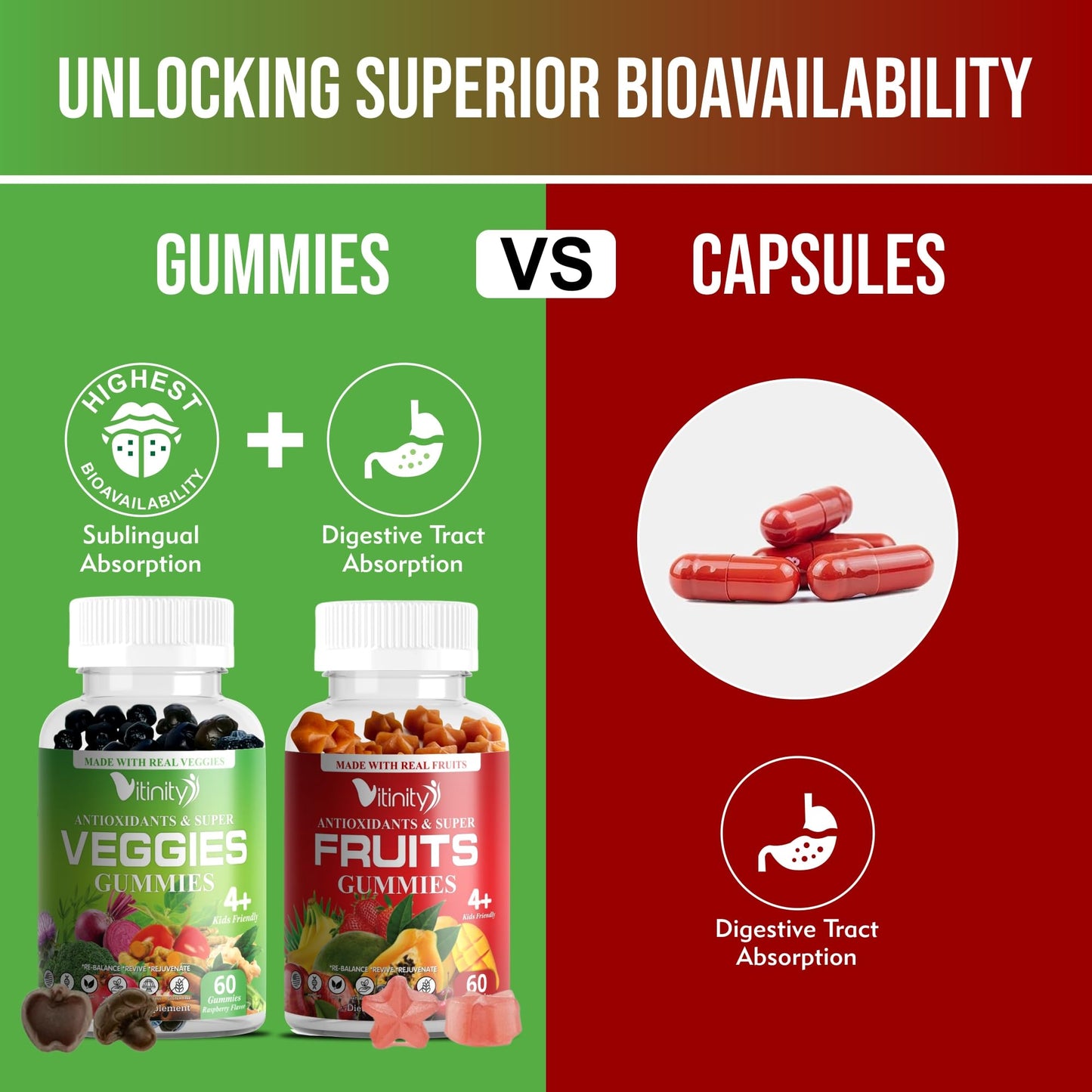 VITINITY Real Fruit & Veggie Gummies - Superfood Vegetable Vitamin Supplement, 240 Gummies