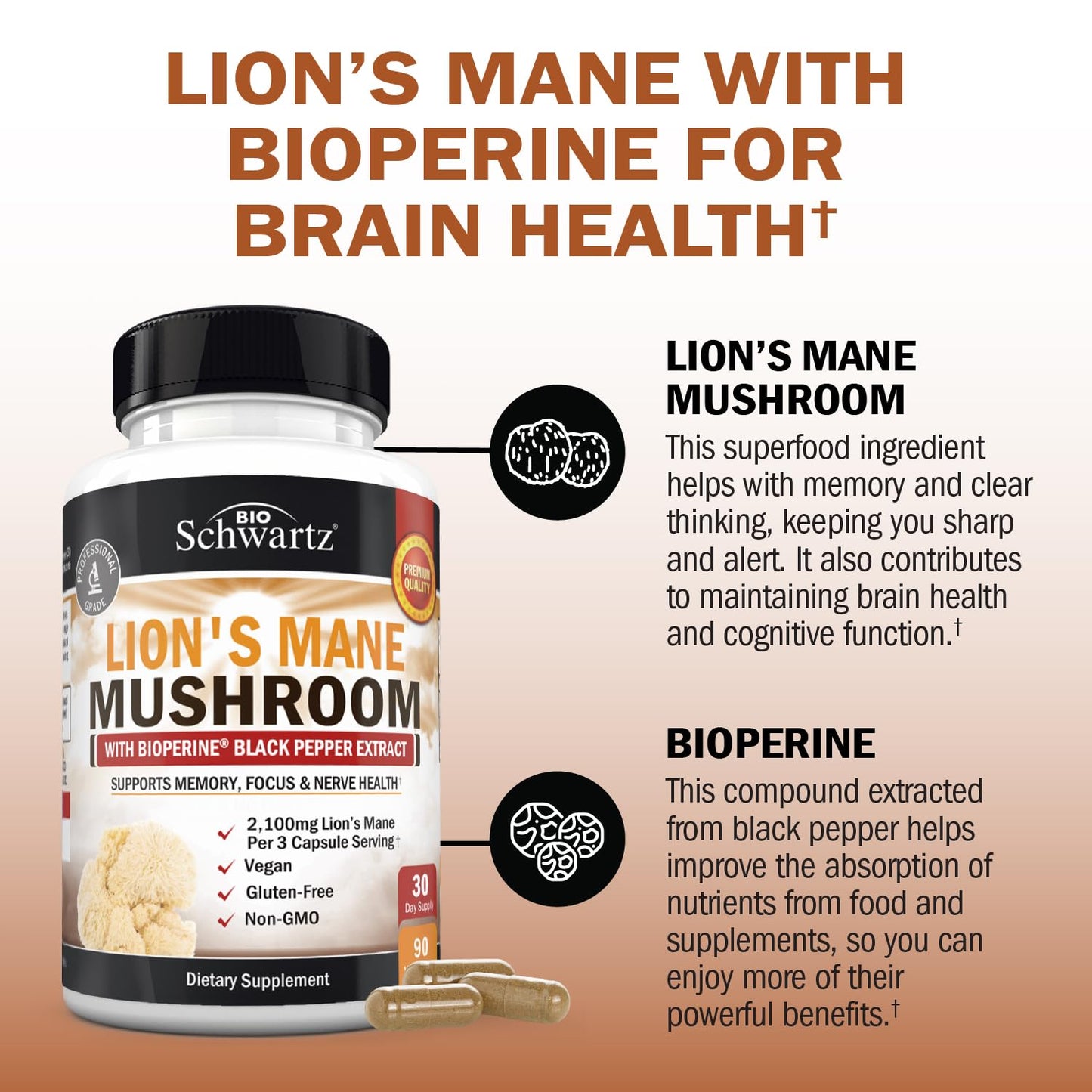 BioSchwartz Organic Lions Mane Supplement Capsules, 90 Count