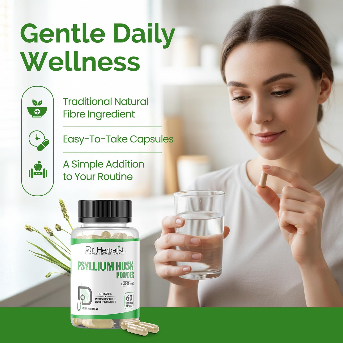 Dr. HERBALIST Psyllium Husk Powder Capsules 3000mg Soluble Fiber Supplement Plantago Ovata 60 Count
