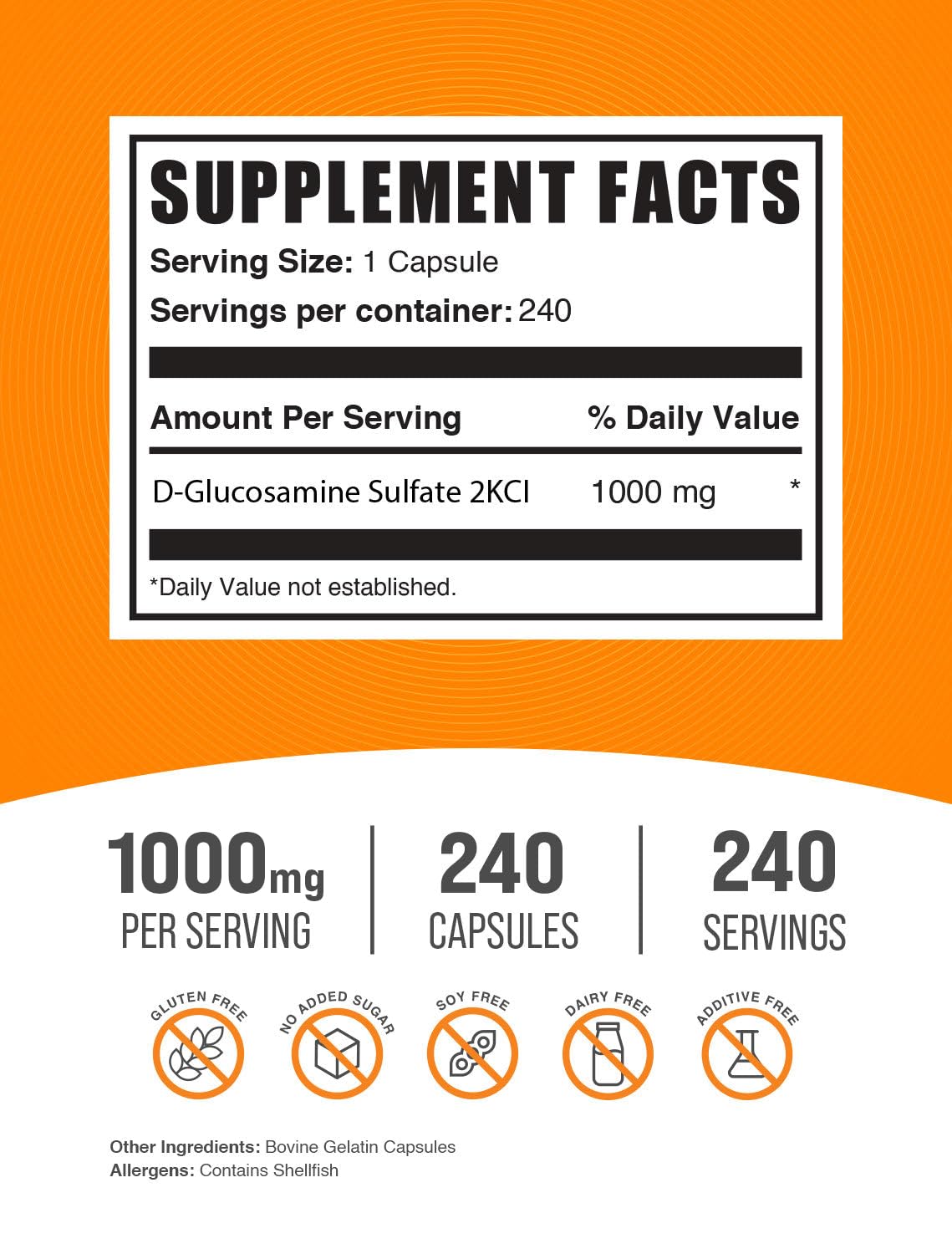 BulkSupplements Glucosamine Sulfate Capsules 1000mg, 240 Capsules