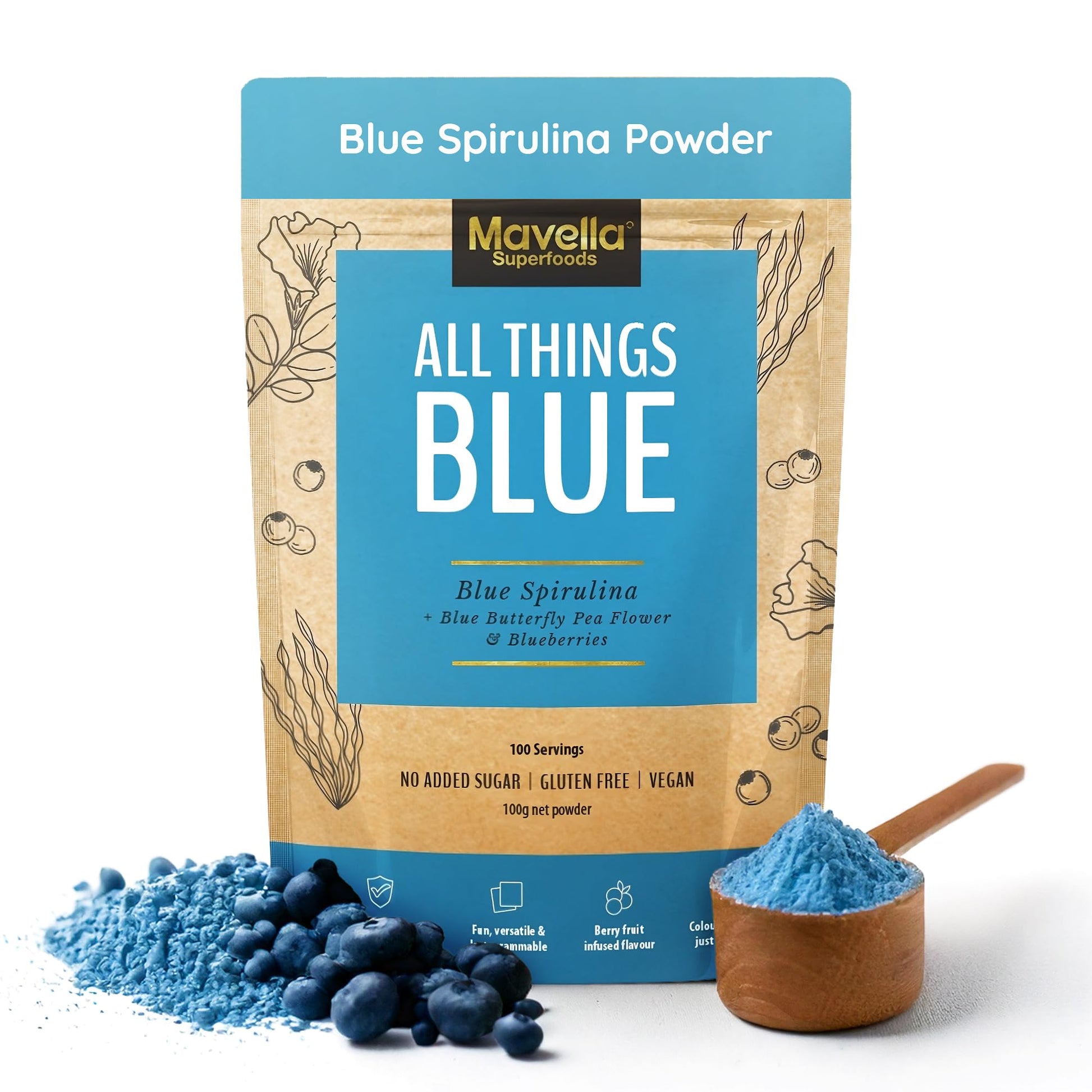 Mavella Blue Spirulina Powder with Butterfly Pea Flower & Blueberry 3.5 Ounce