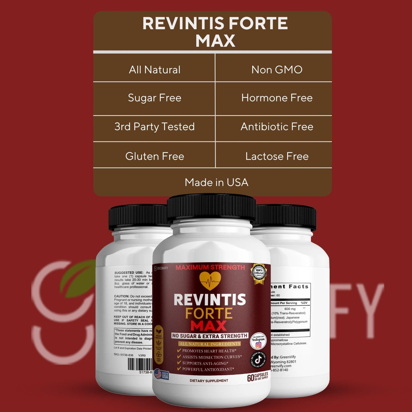 GREENVIFY Revintis Forte Max Resveratrol Capsules, 60 Count