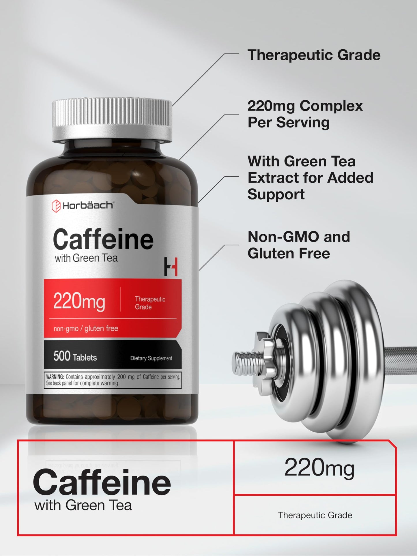 Horbäach Caffeine Tablets 220mg with Green Tea, 500 Tablets
