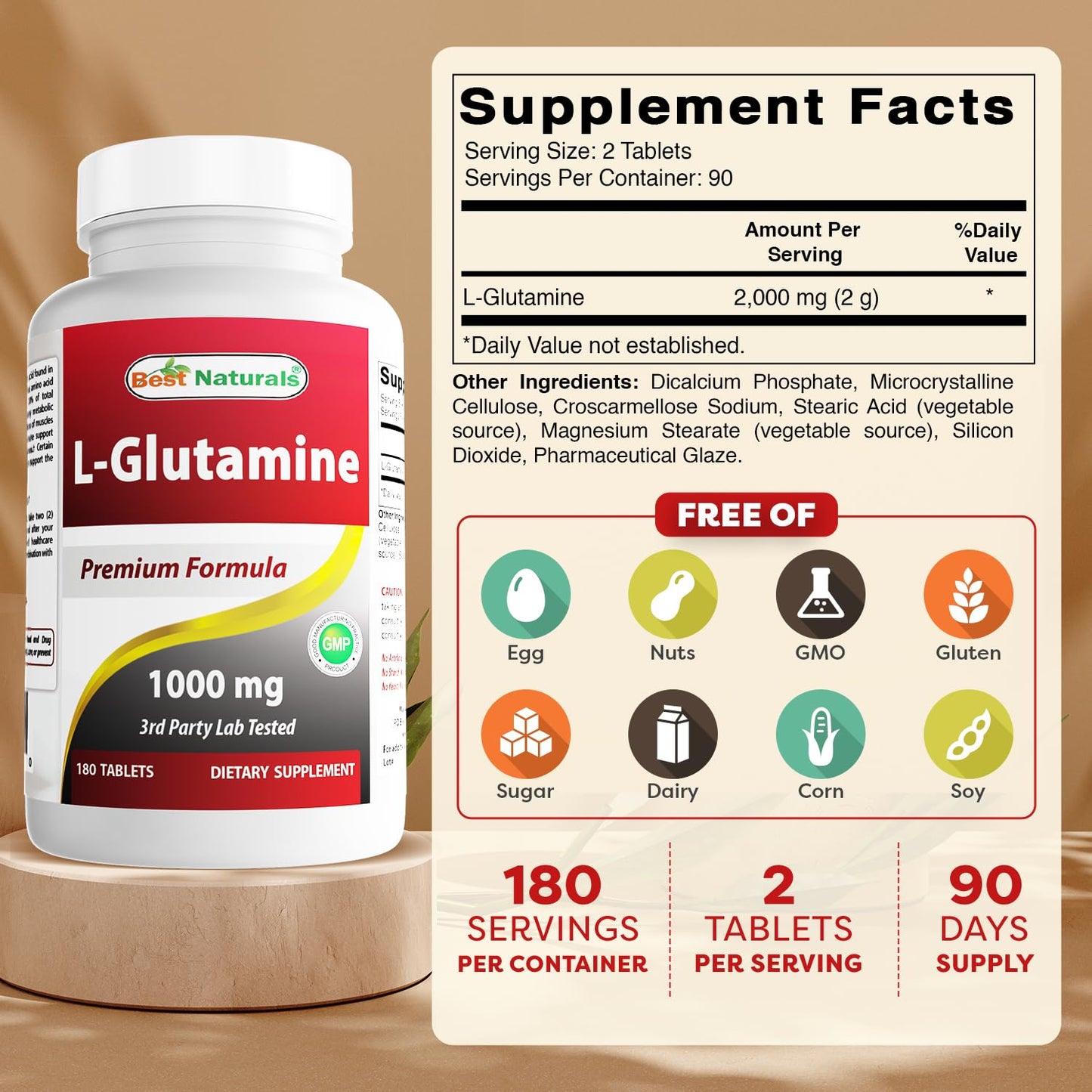 Best Naturals L-Glutamine 1000 mg 540 Tablets