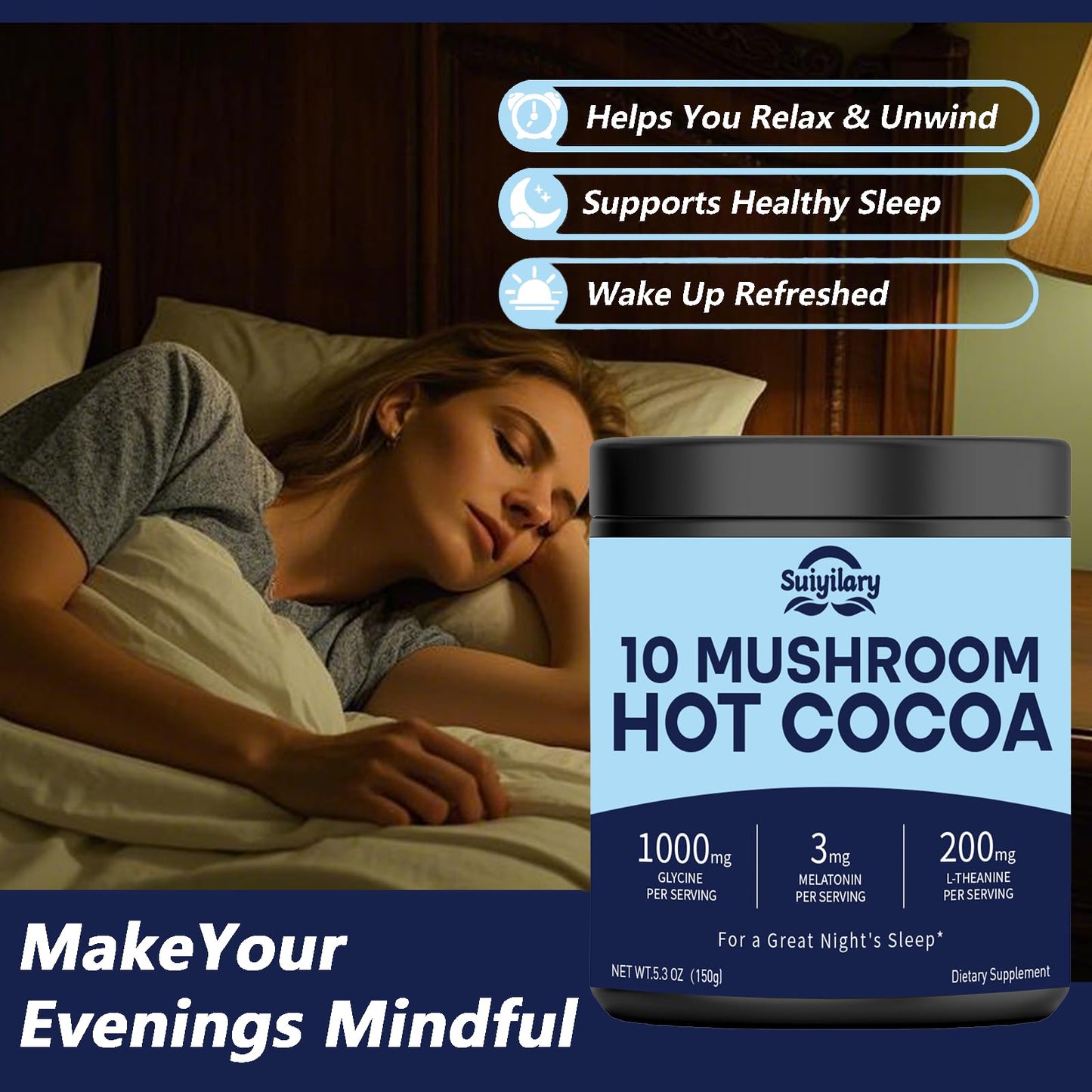 Suiyilary 10 Mushroom Hot Cocoa Powder With Melatonin, 5.3 Ounce, 15 Servings