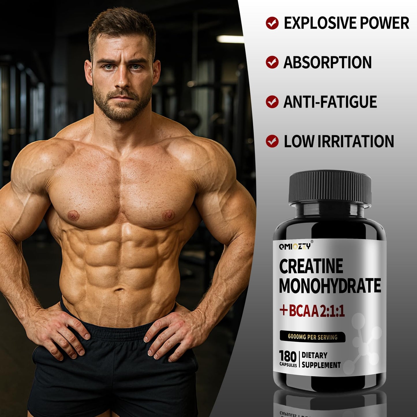 Qmiozzy Micronized Creatine Monohydrate 6000mg Capsules with BCAA 2:1:1, 120 Capsules