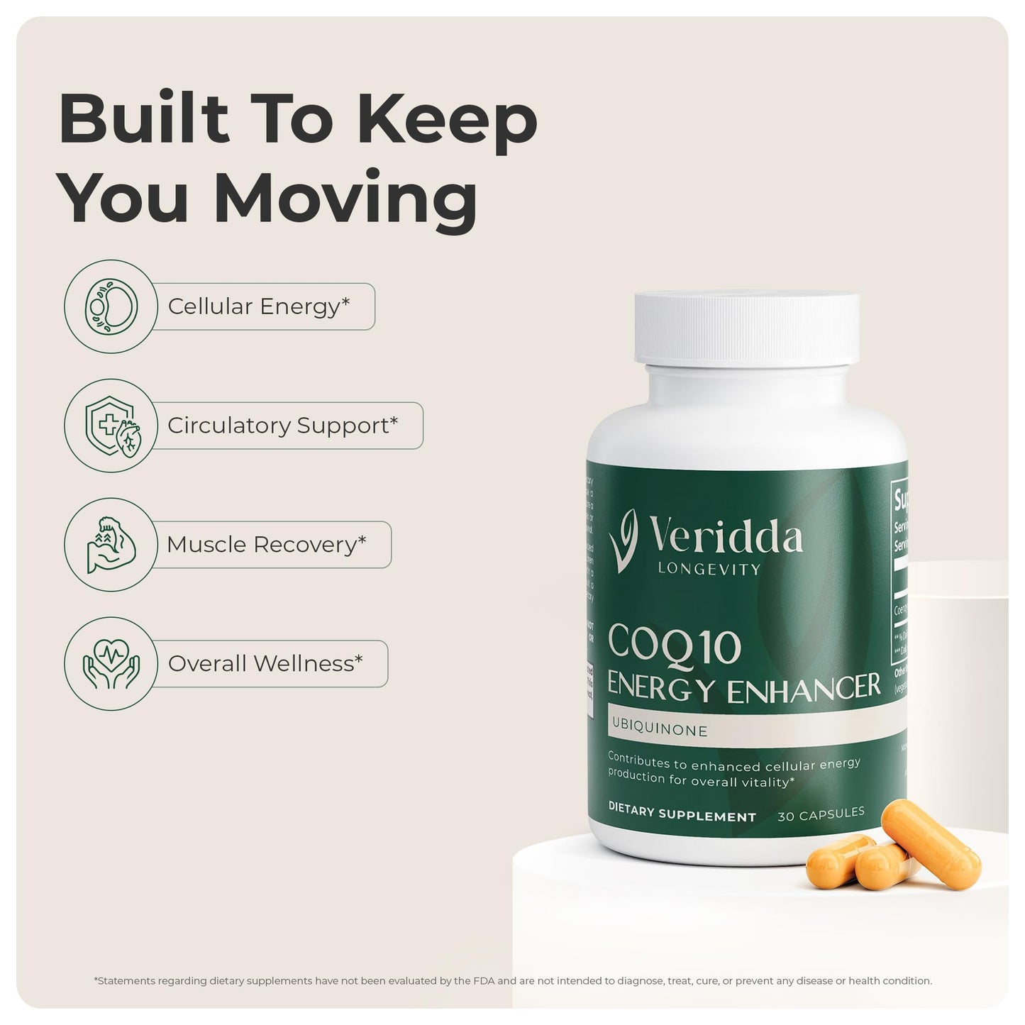 Veridda Longevity CoQ10 200 mg Ubiquinone CoEnzyme Capsule, 30 Count