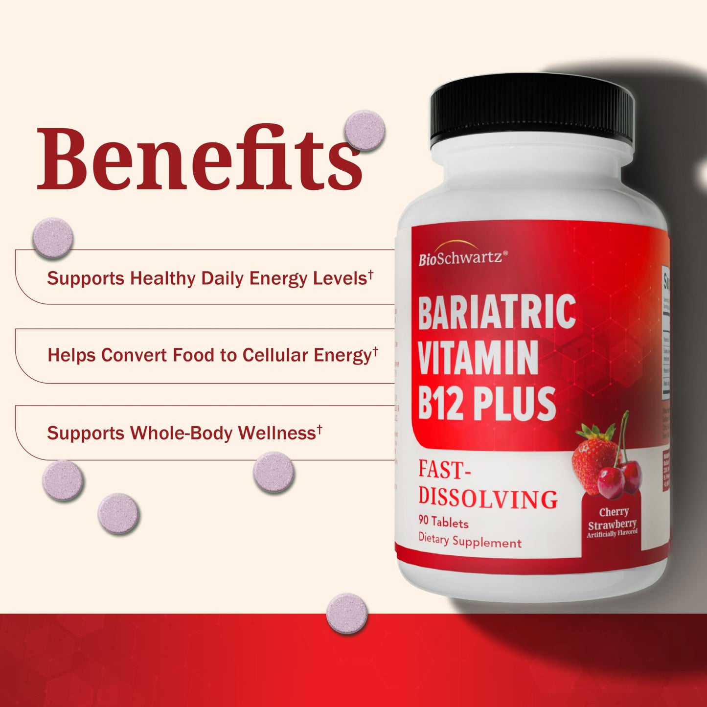 BioSchwartz Bariatric B12 Plus Dissolvable Tablets - 1000mcg Vitamin B12, Vitamin B6, Folate, Biotin, Cherry Strawberry Flavor, 90 Tablets