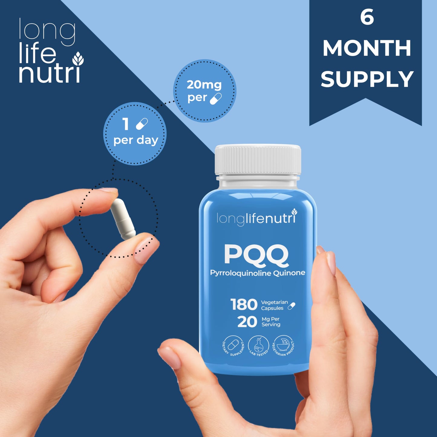 LongLifeNutri PQQ 20mg Capsules, 180 Count