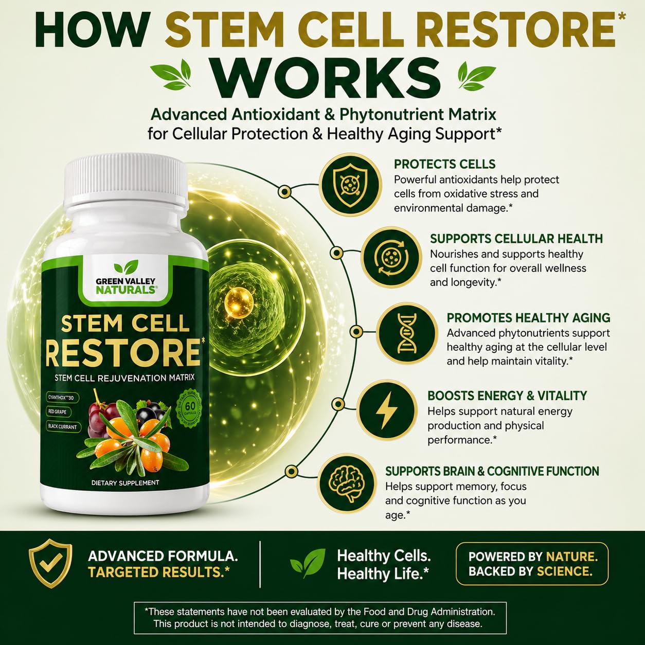 Green Valley Naturals Stem Cell Restore – Cellular Health Support Supplement with CYANTHOX™30, Sea Buckthorn, Black Currant, Grape Seed & Resveratrol, 60 Capsules