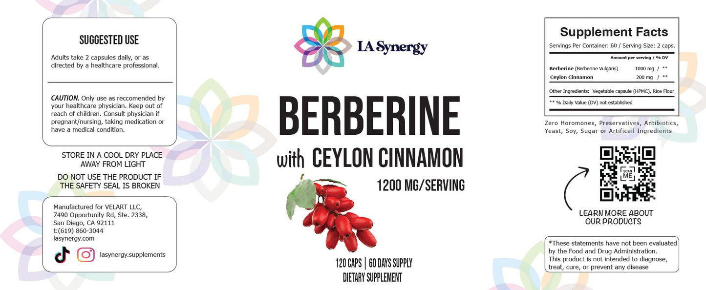 LA Synergy Berberine HCl 1200mg with Ceylon Cinnamon Capsules 120