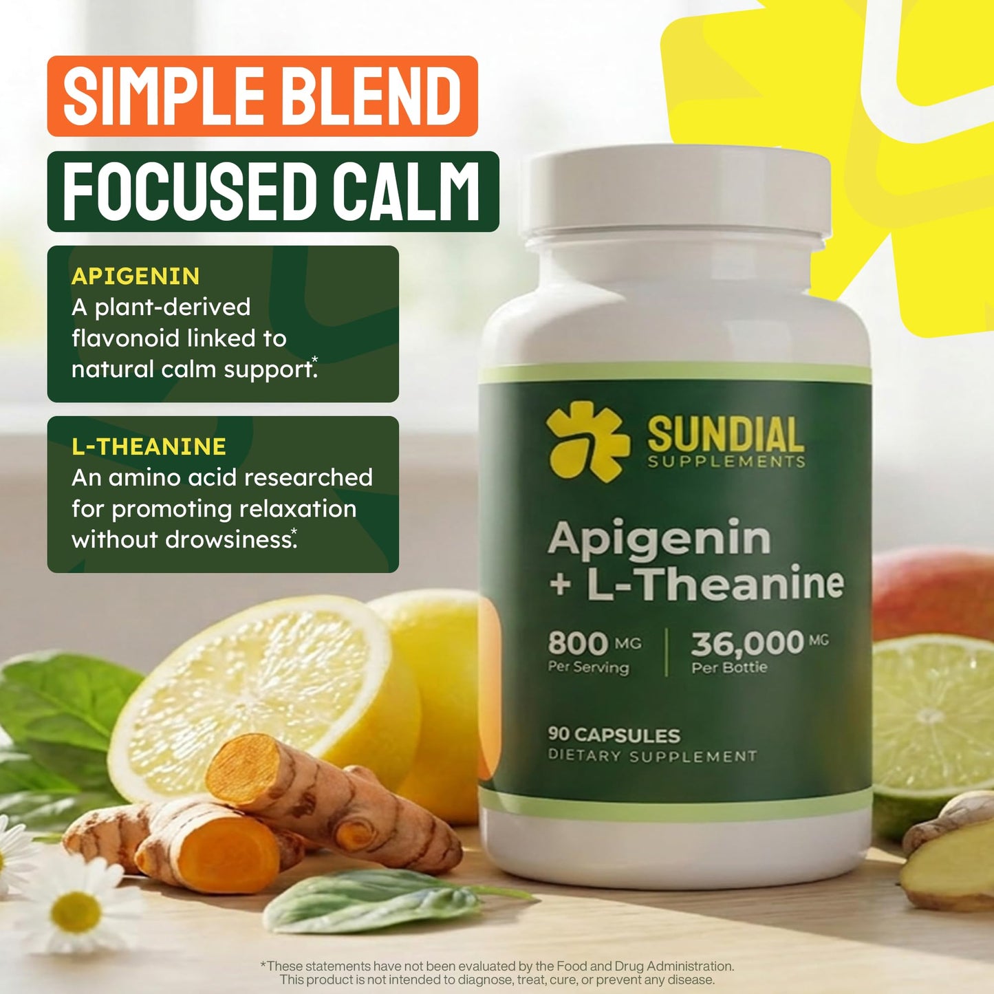 SUNDIAL SUPPLEMENTS Apigenin 200mg with L-Theanine 600mg Capsule 1 Count