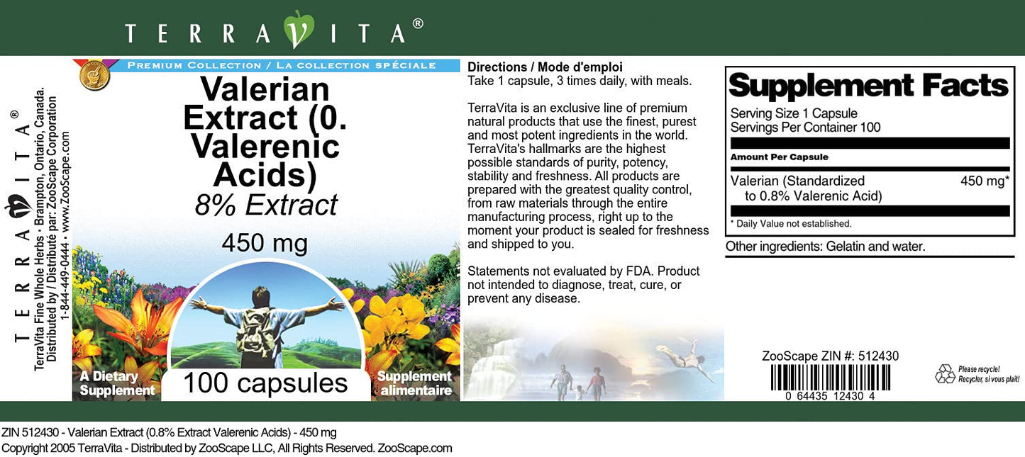 Terravita Valerian Extract (0.8% Valerenic Acids) - 450 mg, 100 Capsules