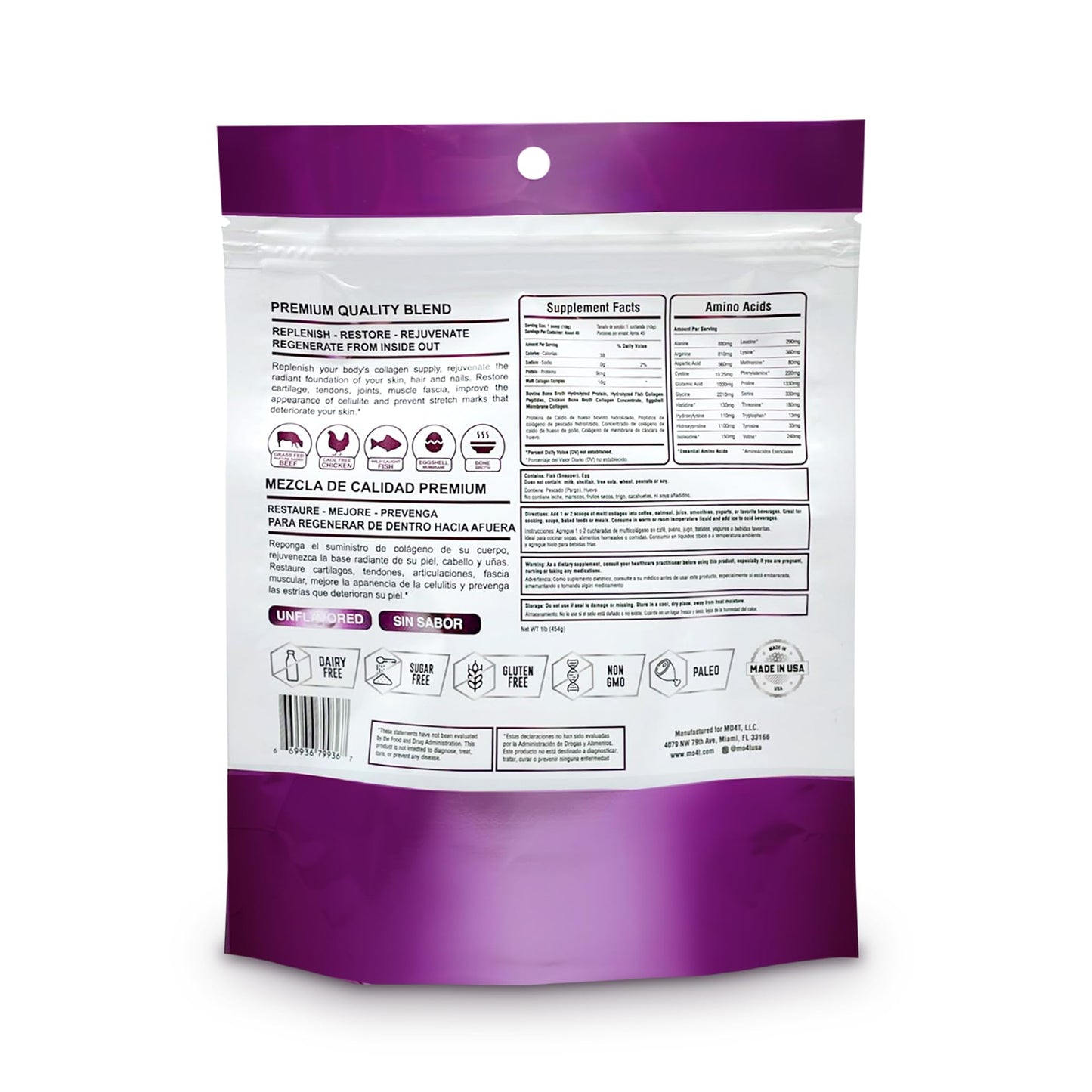 MOMOF4TRANSFORM MO4T Hydrolyzed Multi Collagen Powder 1 lb Sugar-Free, Hair, Skin & Nails, Paleo & Keto, Non-GMO