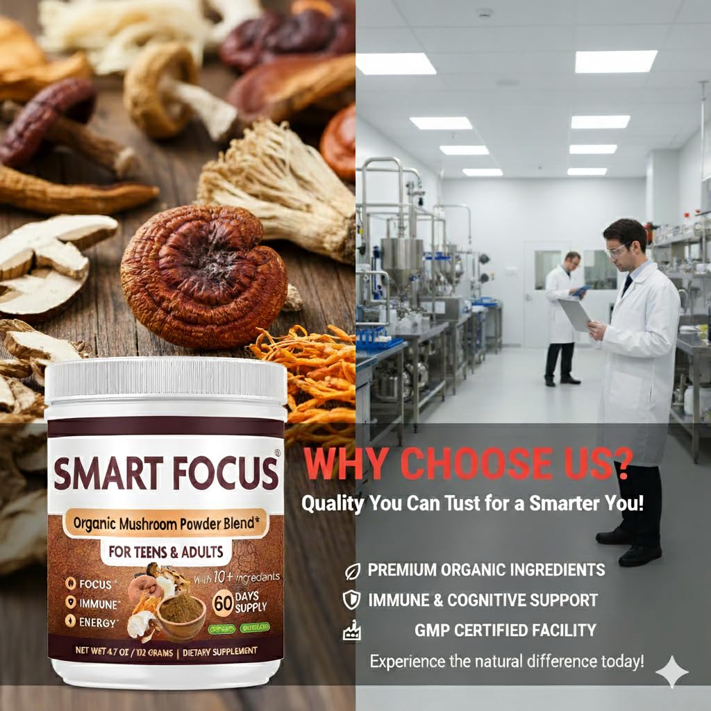 Smart Focus Lion’s Mane Mushroom Powder Organic, Chaga, Reishi & Cordyceps — Mushroom Chocolate Powder — Brain Health & Focus Support — 4 oz