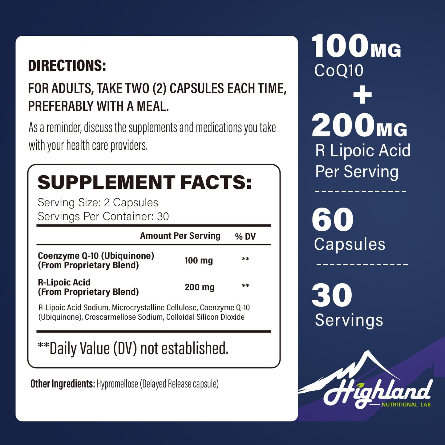 Highland Nutritional Lab CoQ10 100mg + R-Lipoic Acid 200mg per Serving Capsule 60 Count