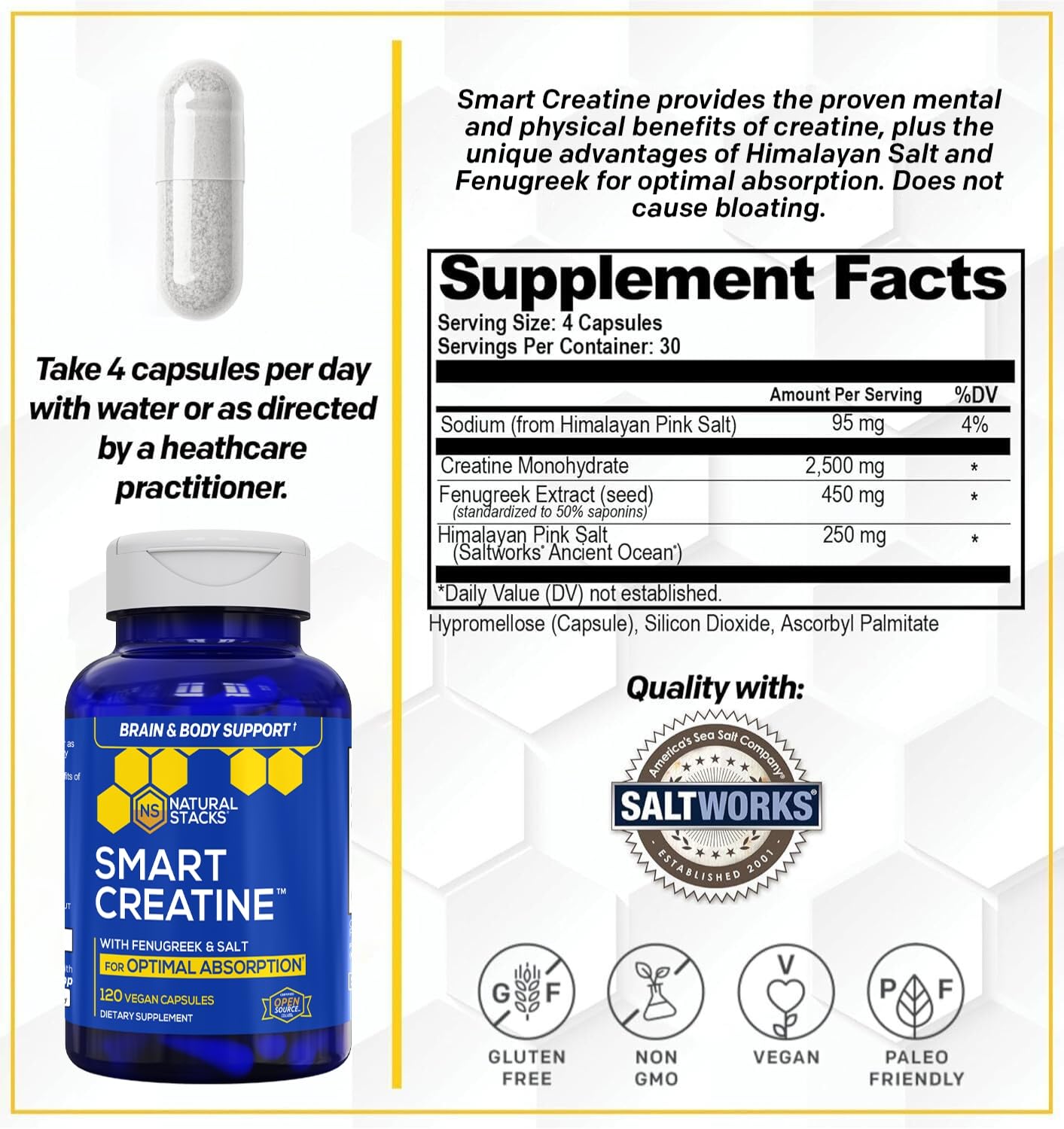 Natural Stacks Creatine Monohydrate Capsules, 120 Count