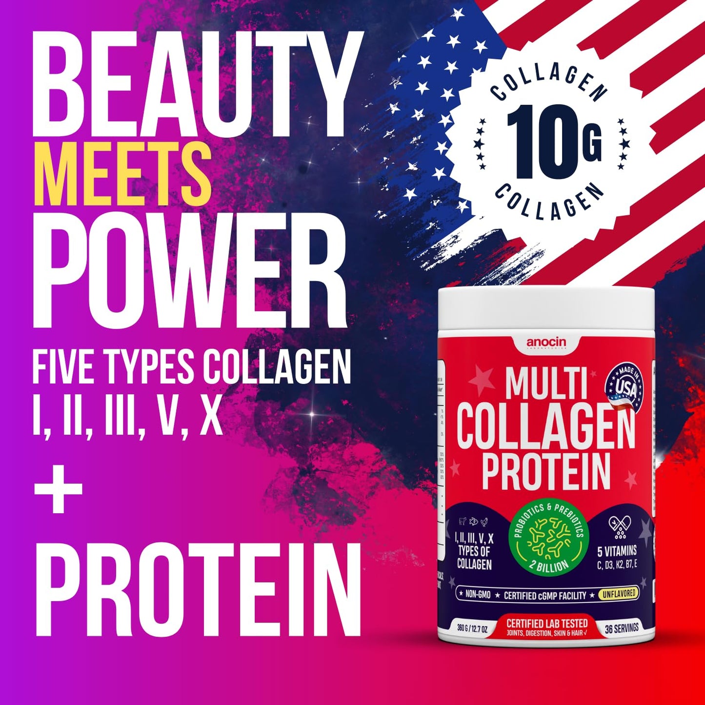 anocin Multi Collagen Peptides w/Prebiotic + Probiotics + Type I, II, III, V, X + Hydrolyzed Collagen Powder w/Vitamin C+D3+B7+K2+E Hyaluronic Acid, Supports Skin Hair Nail Joint, Grass-Fed, Non-GMO Powder 12.7 Ounce