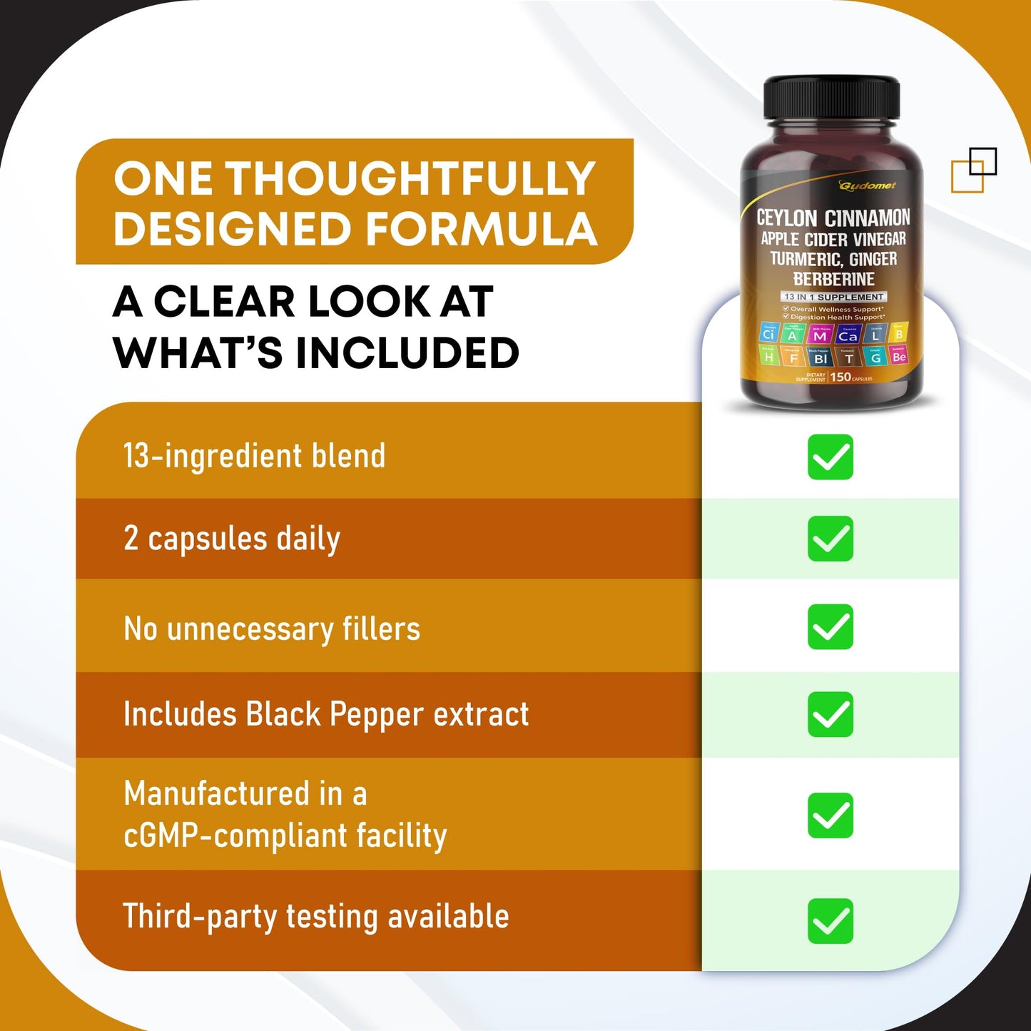 GUDOMET Ceylon Cinnamon Capsules with Apple Cider Vinegar, Berberine HCL & Black Pepper, Digestion & Overall Wellness Support, 150 Capsules