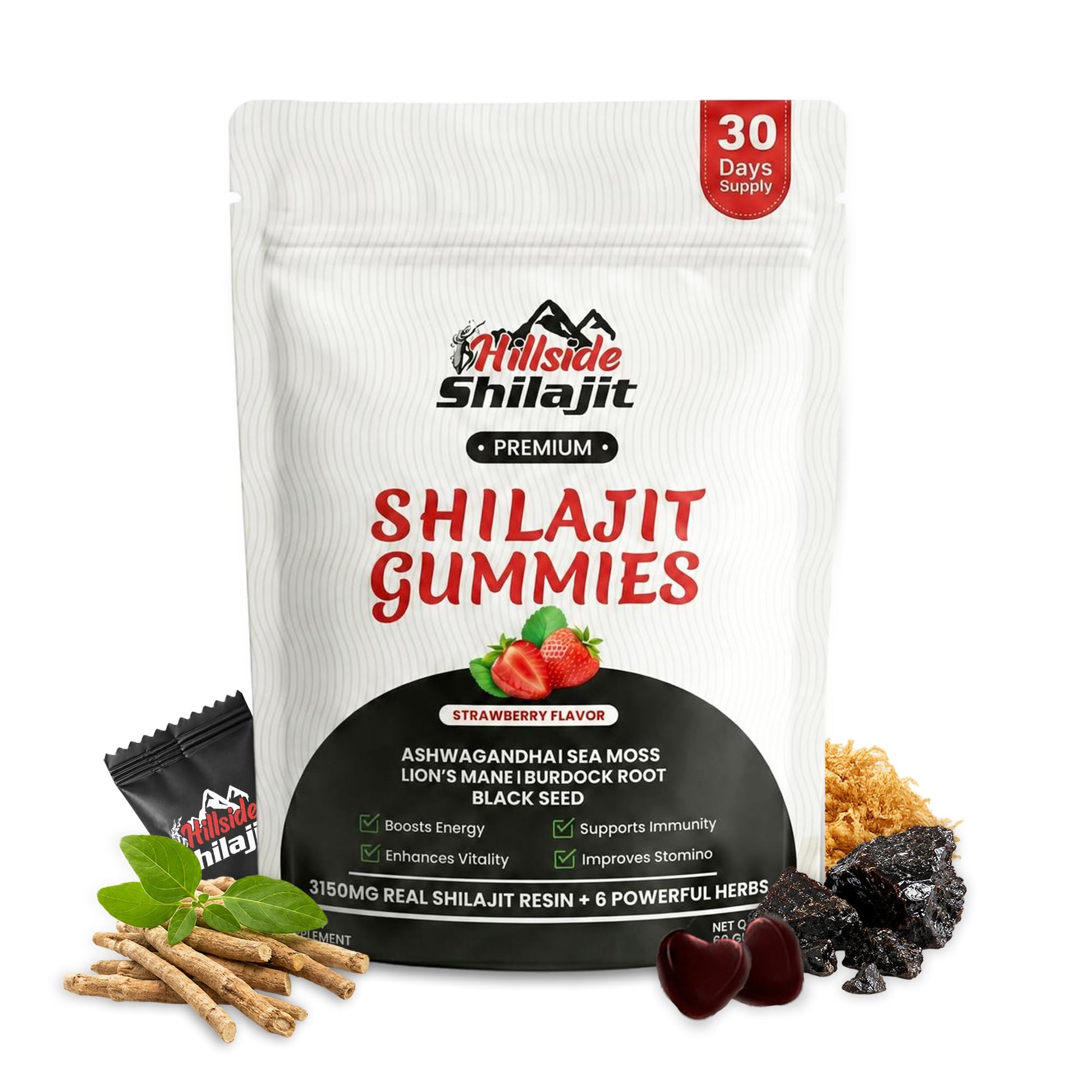 Hillside shilajit Gummies with Ashwagandha & 85+ Trace Minerals for Men and Women Chewable 60 Count