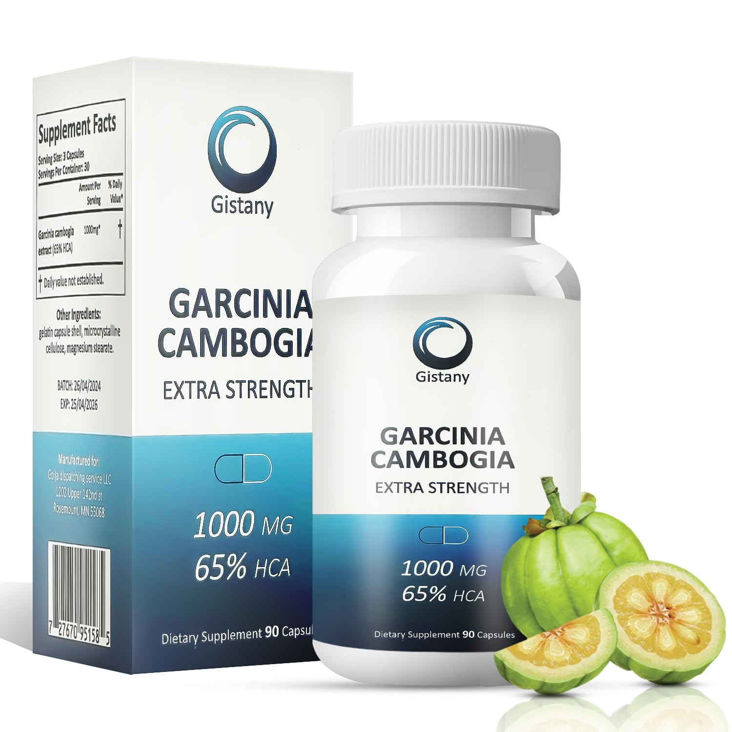 Gistany Extra Strength 65% HCA Pure Garcinia Cambogia Natural Weight Loss Pills, Appetite Control Pill Dietary Supplement for Both Men and Women 90 Capsules