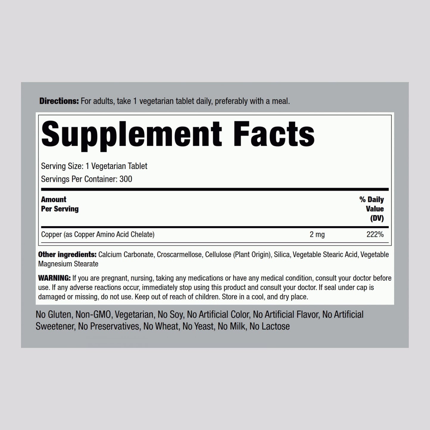 Piping Rock Chelated Copper 2 mg Supplement, 300 Tablets