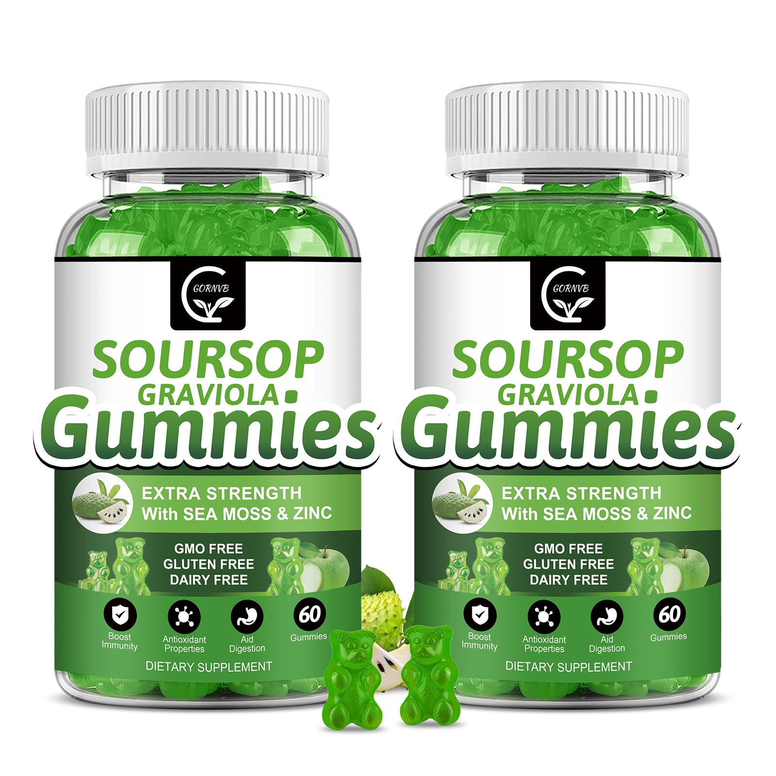 GORNVB Soursop Graviola Gummies with Sea Moss Extract, Zinc & Vitamin C, 120 Gummies