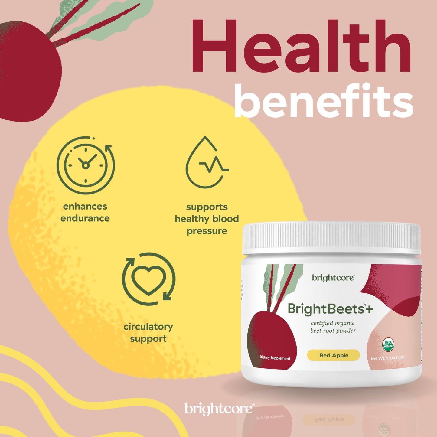 Brightcore BrightBeets Beet Powder, Red Apple Flavor, 5.29 oz, 30 Servings