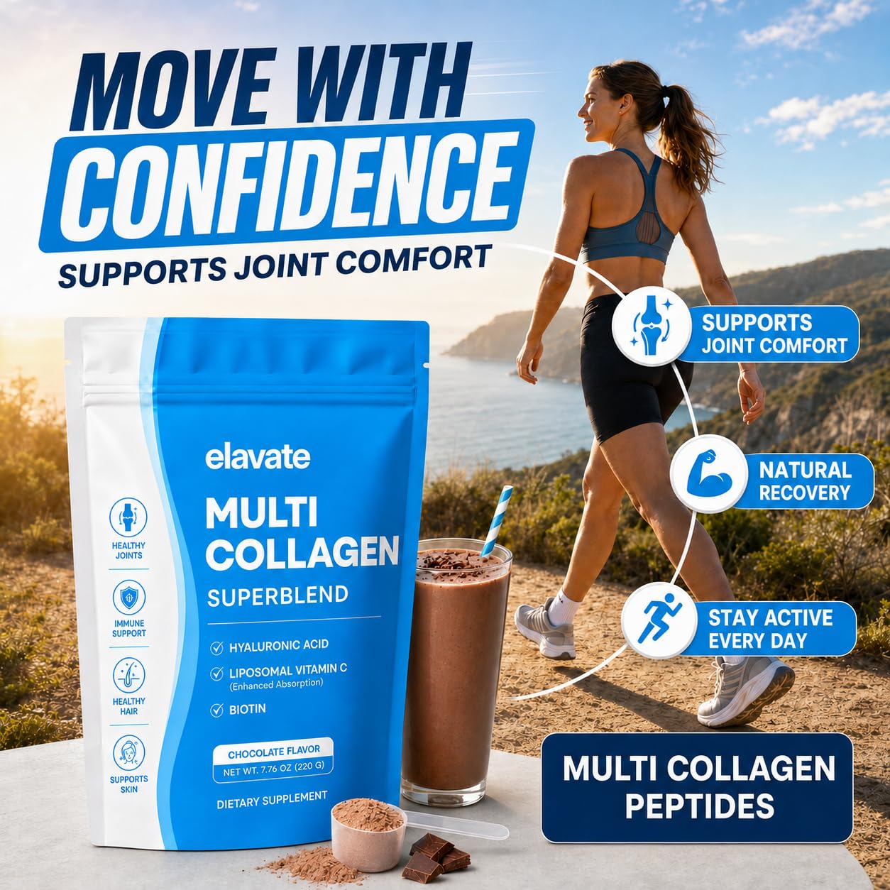 elavate Elevate Collagen for Women – Collagen Peptides Powder for Women – Skin, Hair, Nails & Joint Support – Multi Collagen Powder with Hyaluronic Acid, Biotin & Vitamin C – Non-GMO, Sugar Free, 1 Pack