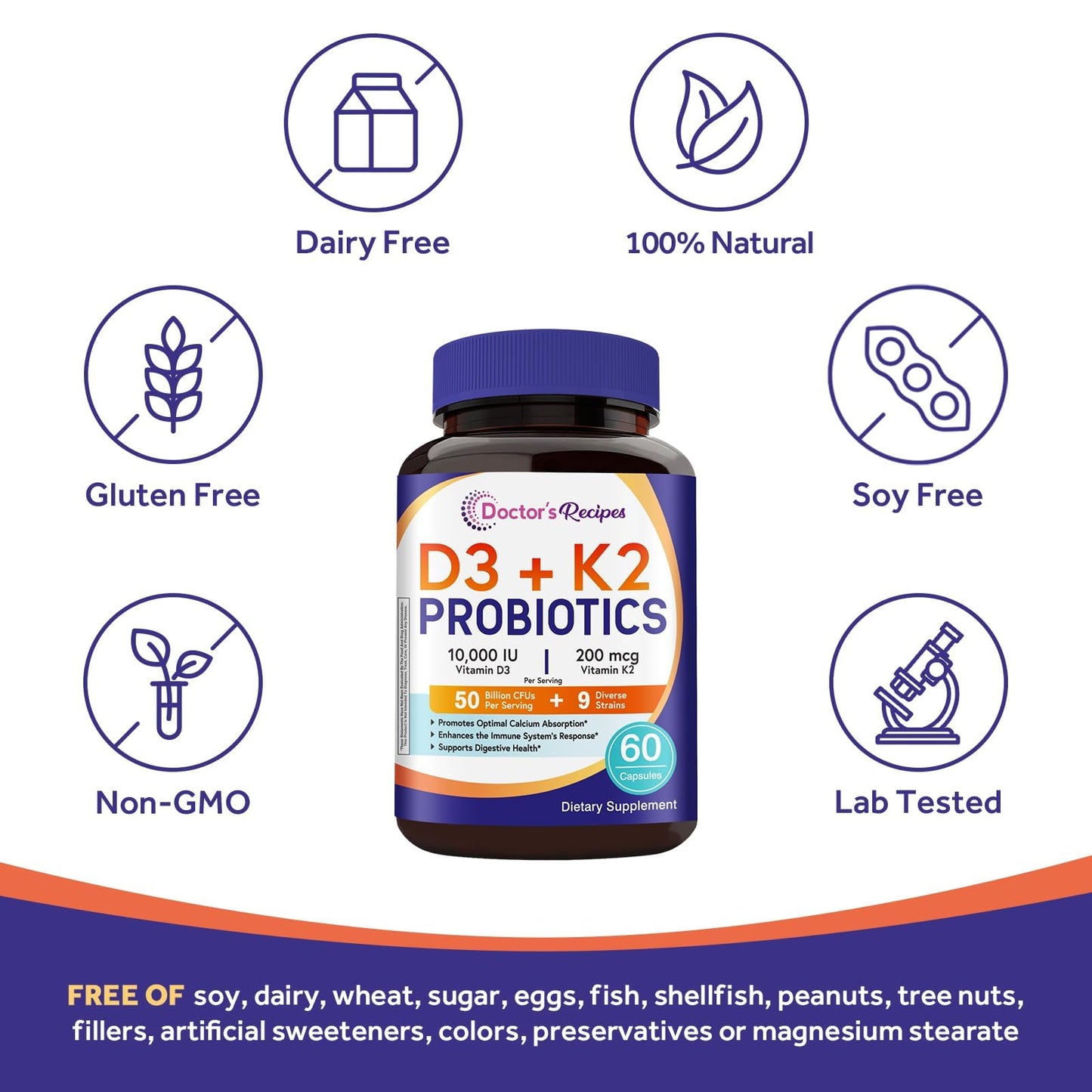 Doctor's Recipes Vitamin D3 K2 with Probiotics for Women & Men, 10000 IU D3, 200 mcg K2 for Bone & Immune Health, 50 Billion CFU Probiotics with Akkermansia Muciniphila for Gut Balance, 60 Capsules
