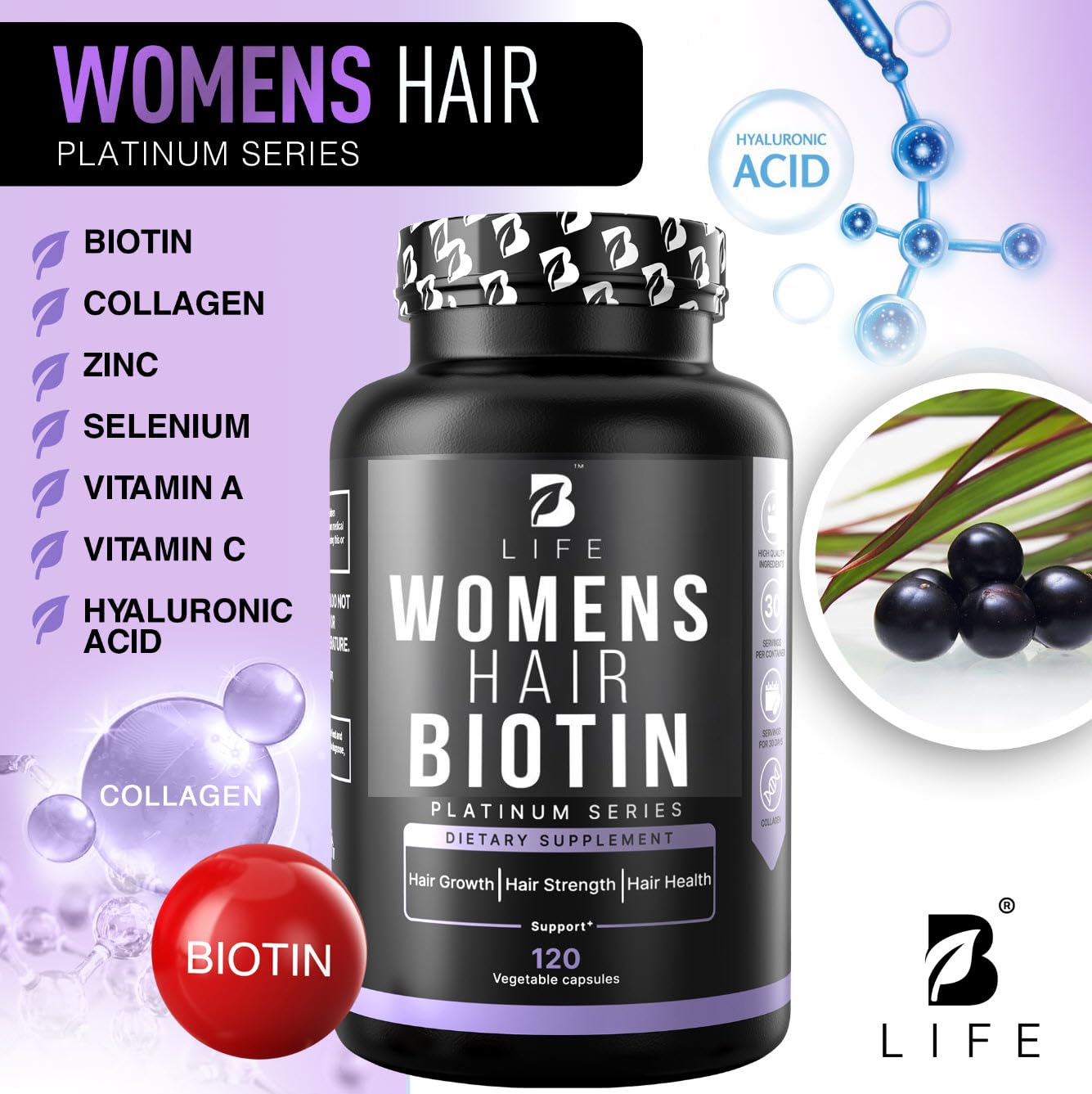 B Life Company Biotin 10000 mcg Hair Vitamins for Hair Loss for Women – Hair Growth Treatments for Women – Healthy Hair Skin and Nails – Collagen Supports Hair Strength and Health, 120 Capsules